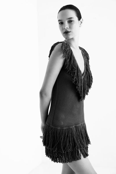 ZAYRA FRINGED MINI DRESS - BLACK