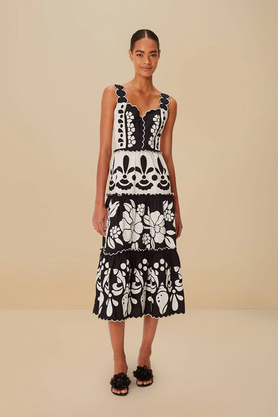 Black And White Summer Cutwork Organic Cotton Midi Dress
