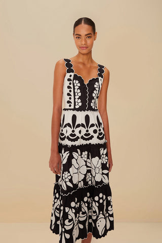 Black And White Summer Cutwork Organic Cotton Midi Dress