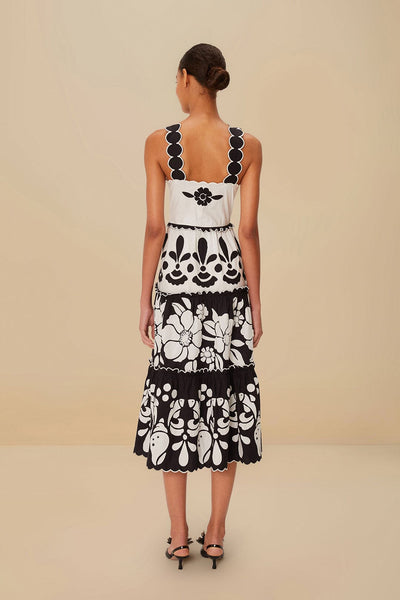 Black And White Summer Cutwork Organic Cotton Midi Dress