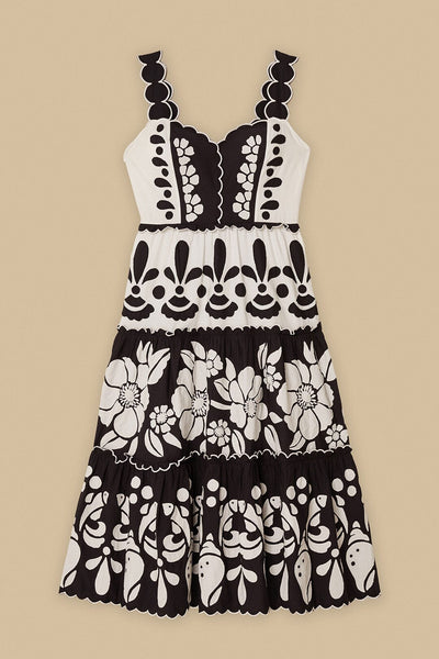 Black And White Summer Cutwork Organic Cotton Midi Dress