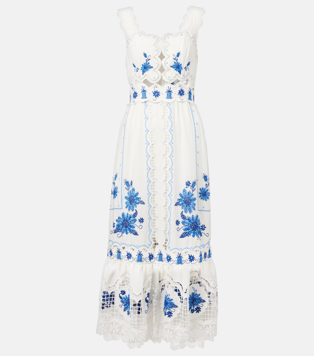 Embroidered linen-blend midi dress