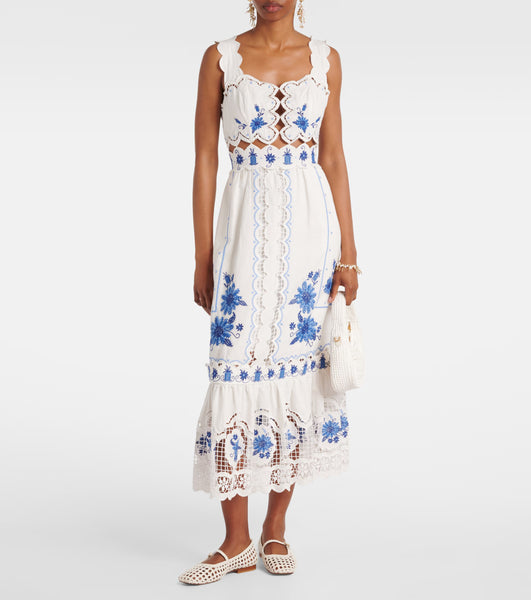 Embroidered linen-blend midi dress