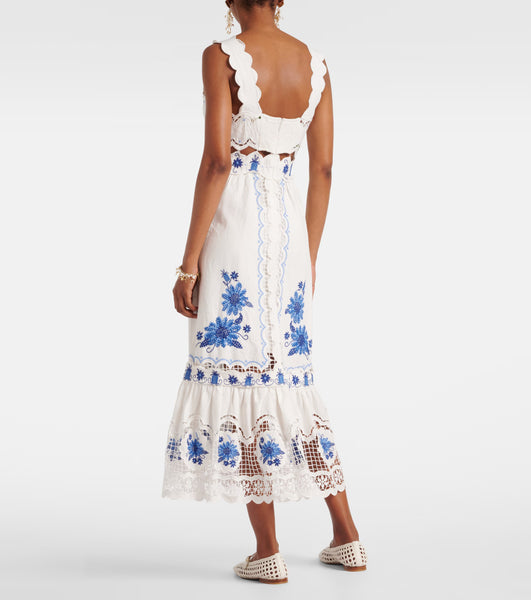 Embroidered linen-blend midi dress
