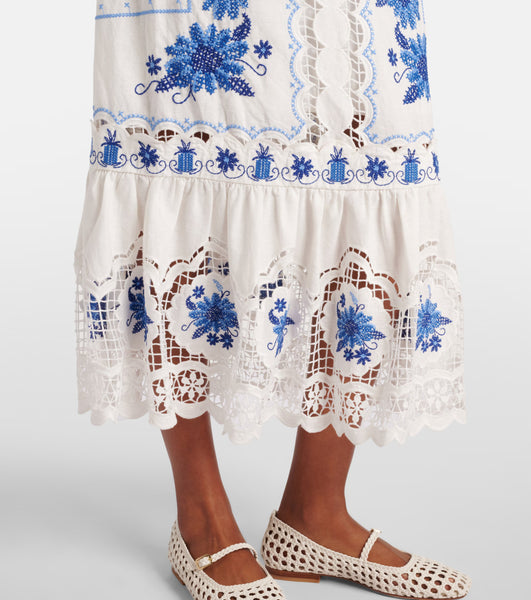 Embroidered linen-blend midi dress