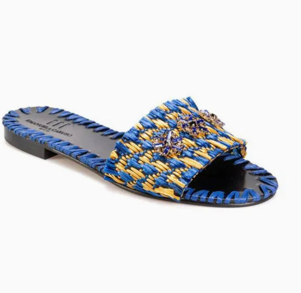 Blue and yellow tahuata raffia slippers