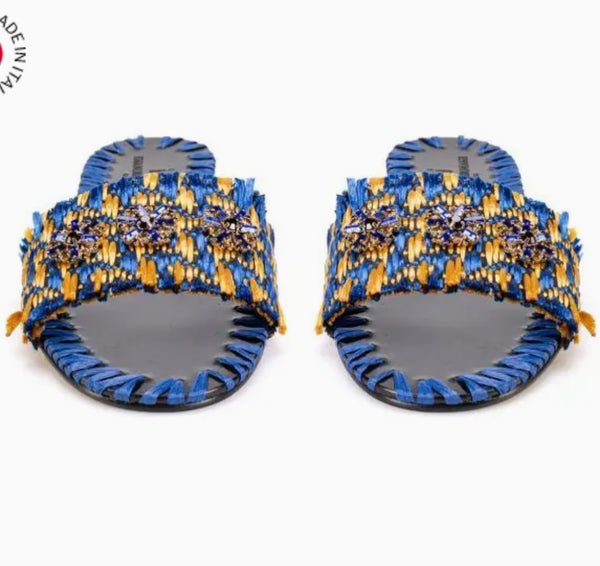 Blue and yellow tahuata raffia slippers