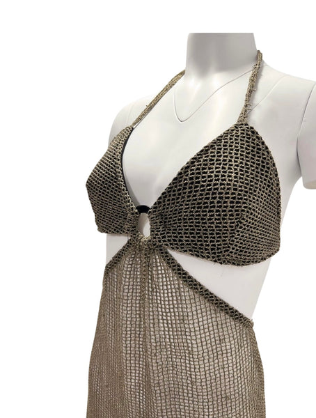 “Getting ready for a beach party” Perforated Dress - Khaki