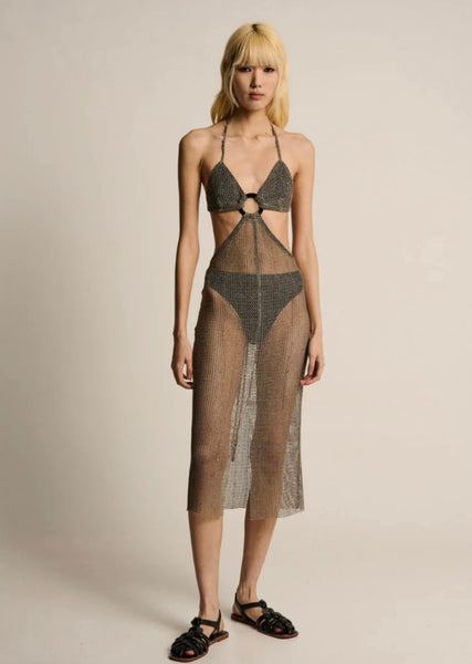 “Getting ready for a beach party” Perforated Dress - Khaki