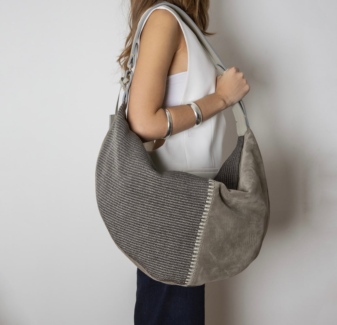 Beatrice Suede - Raffia Bag (Olive - Grey)