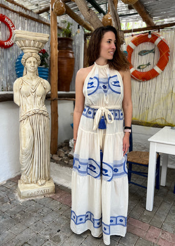 ”Ariana” Embroidered Dress - Natural/Blue