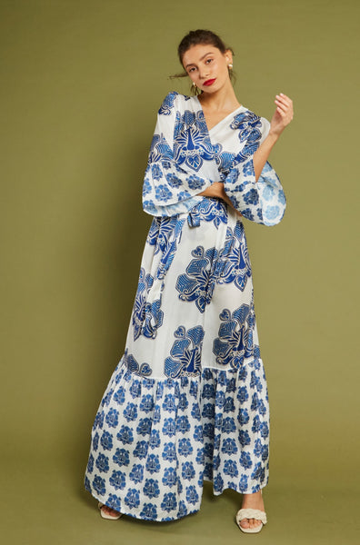 "GRETA" Wrap dress (white & blue)