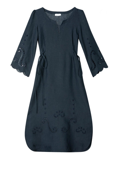 IPHIGENIA LINEN CUT EMBROIDERED MIDI DRESS (Midnight Blue)