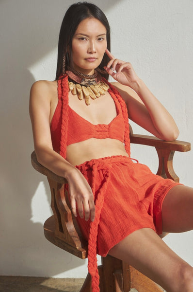 GAUZE BRAIDED BRALETTE TOP IN CORAL RED
