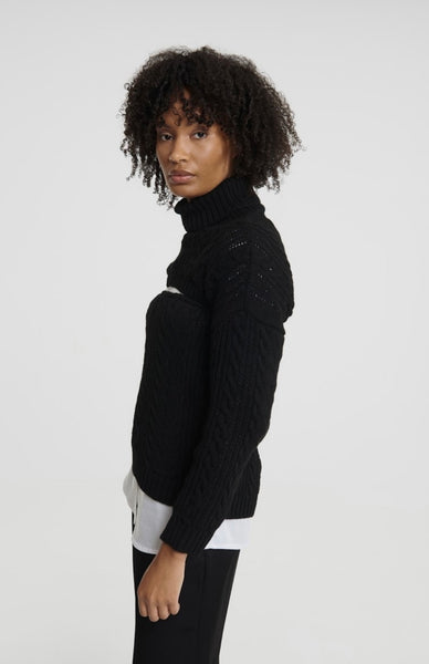 DOUBLE LANA WOOL CABLE BLOUSE IN BLACK