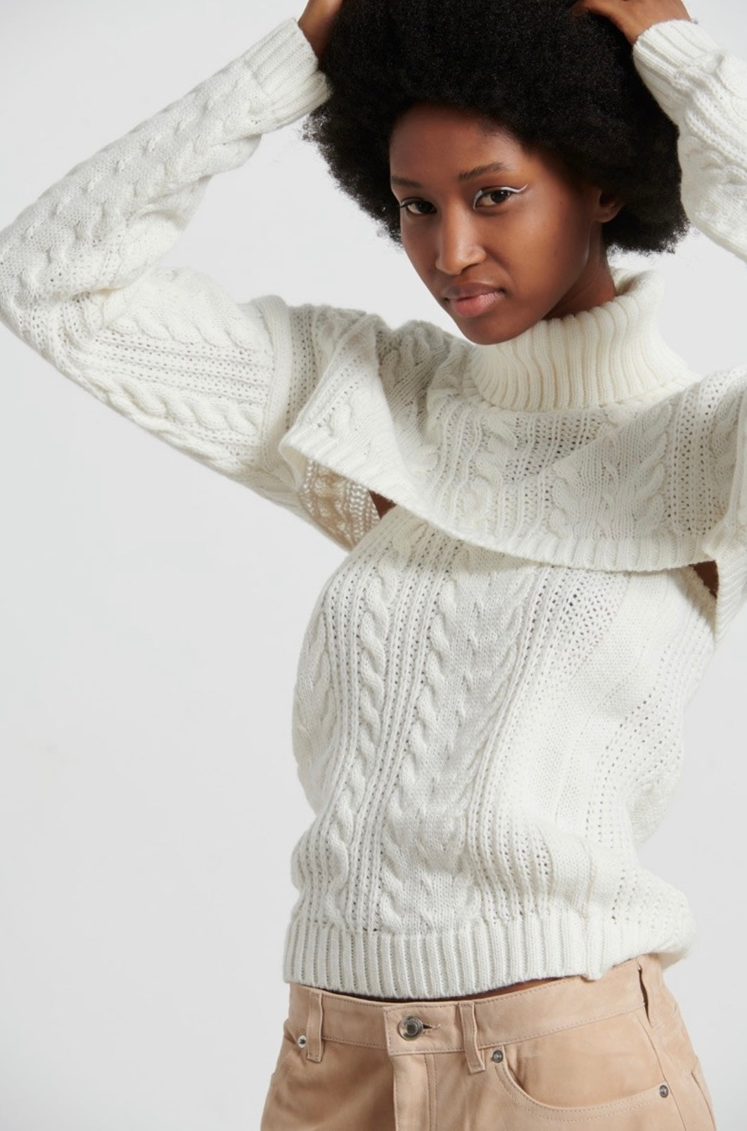 DOUBLE LANA WOOL CABLE BLOUSE IN OFF WHITE