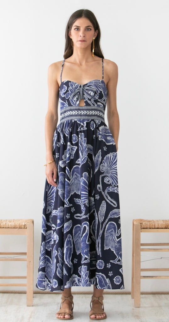 MYTHOLOGIA PRINTED COCKTAIL DRESS - AEGEAN BLUE PORTES OF GREECE MYTHOLOGIA PRINTED COCKTAIL DRESS - AEGEAN BLUE PORTES OF GREECE