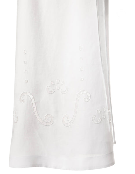 IPHIGENIA LINEN CUT EMBROIDERED LONG DRESS WITH STRAPS THAT TIE ON THE SHOULDERS