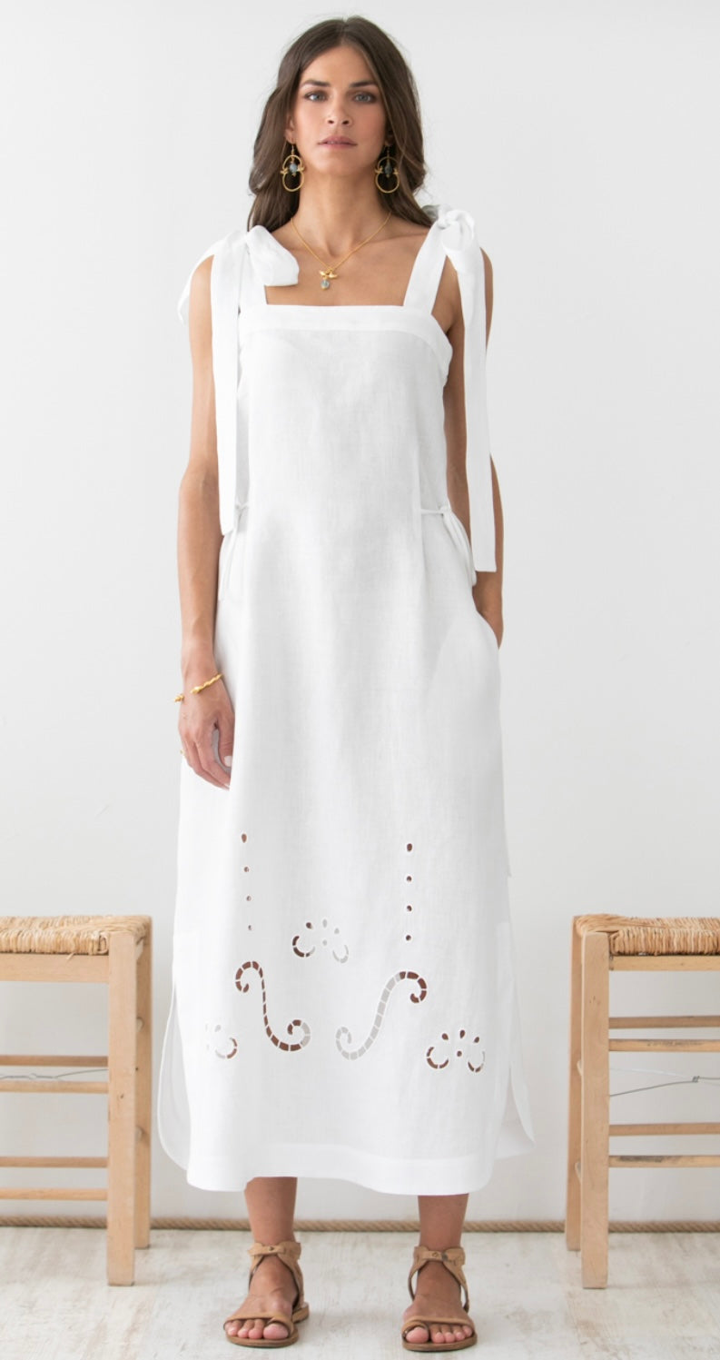 IPHIGENIA LINEN CUT EMBROIDERED LONG DRESS WITH STRAPS THAT TIE ON THE SHOULDERS