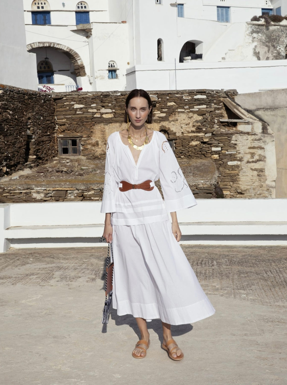 IPHIGENIA CUT EMBROIDERED LONG DRESS WITH REMOVABLE LEATHER BELT