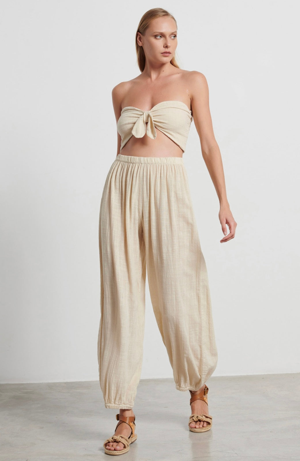 COTTON GAUZE HAREM PANTS IN BEIGE