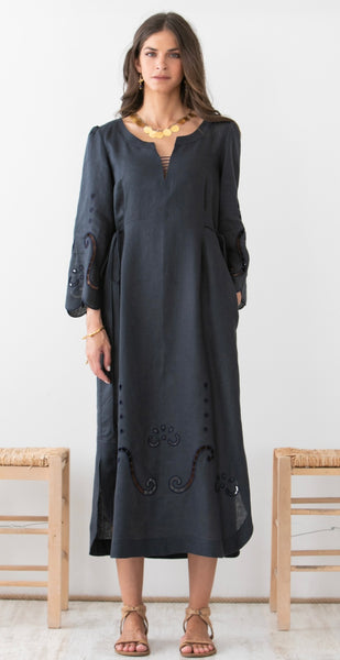 IPHIGENIA LINEN CUT EMBROIDERED MIDI DRESS (Midnight Blue)