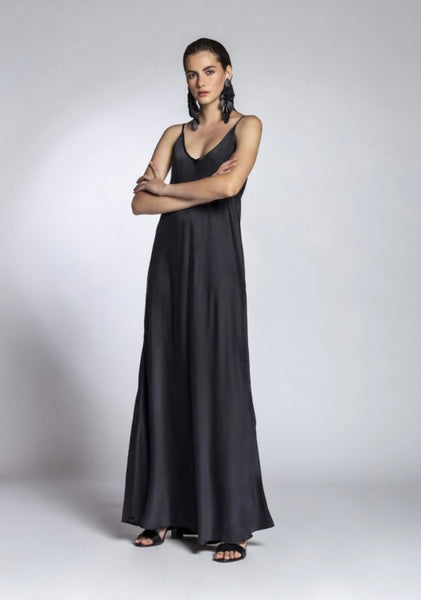 DRESS SPAGHETTI (BIAS CUT) MAXI 100% SILK - Black