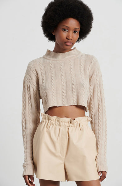 CROP CASHMERE BLEND BRAIDED TOP - Beige