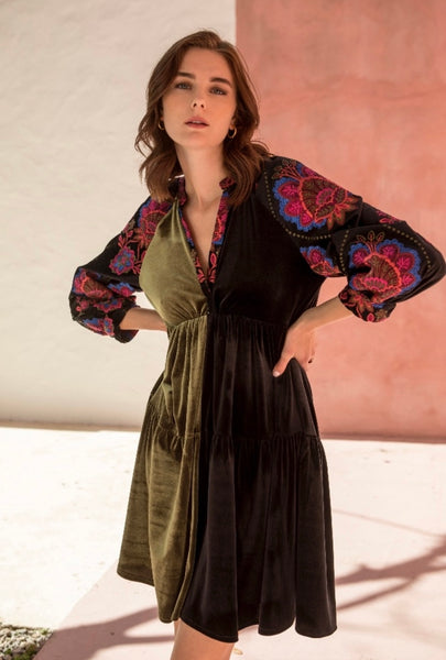 “BELLA” VELVET DRESS WITH EMBROIDERED SLEEVES