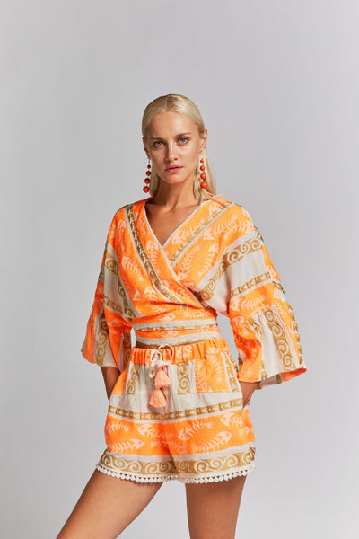 "NEMA" Embroidered Wrap Blouse– Orange