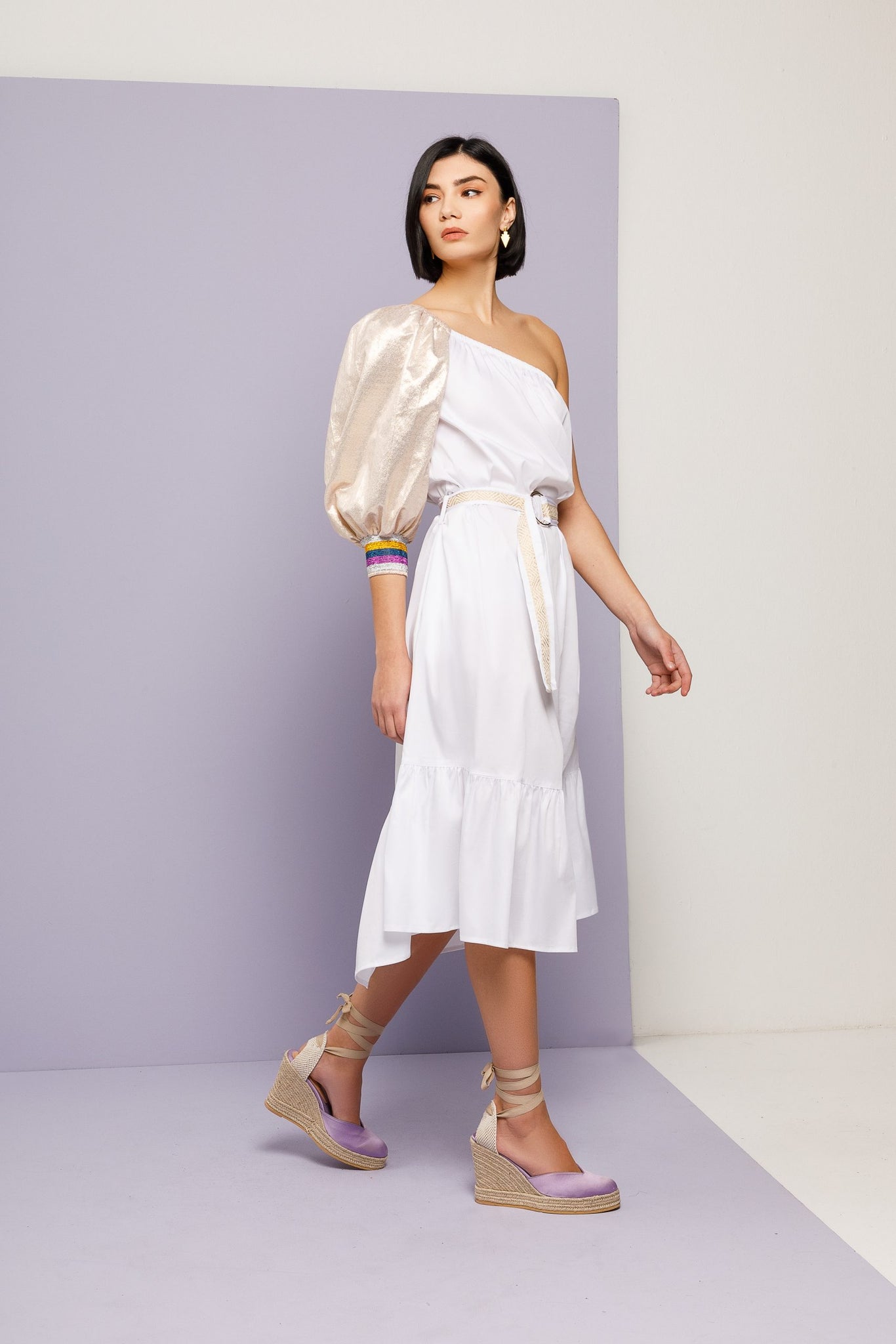 Gold Sleeved Dress – White